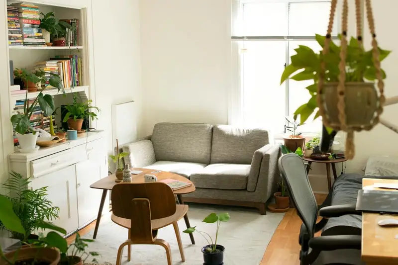 Living con sofá gris, plantas y biblioteca