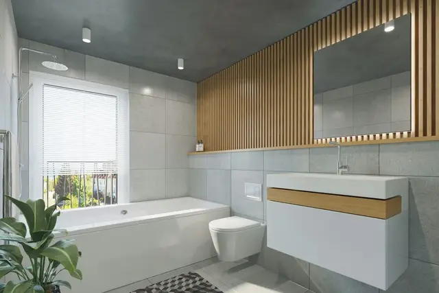 Baño con bañera y revestimiento de madera