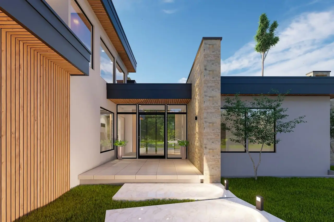 Casa moderna de dos plantas con fachada de piedra y madera