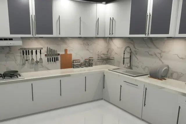 Cocina en L con mesada de mármol