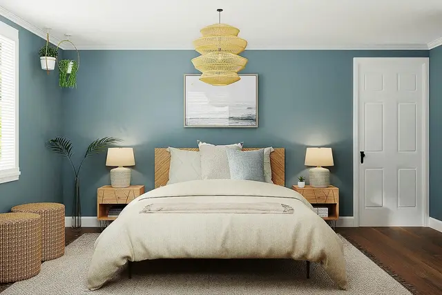 Dormitorio con pared en tono azul