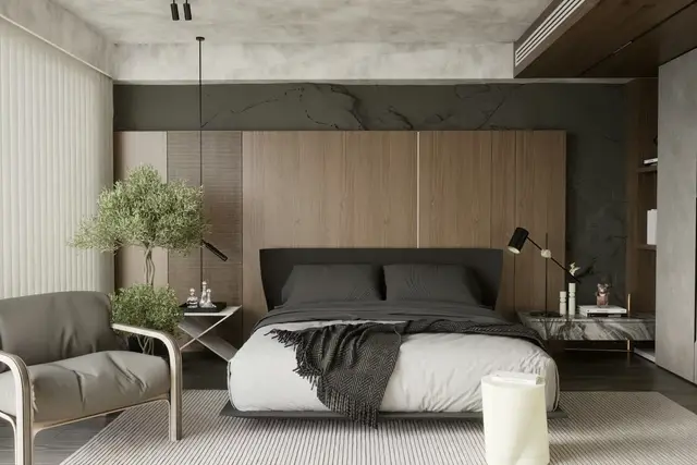 Dormitorio con revestimiento de madera