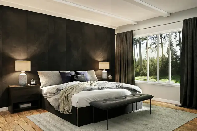 Dormitorio con ventanal hacia el jardín