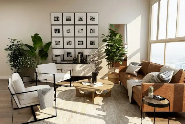 Living con plantas y sillón de cuero
